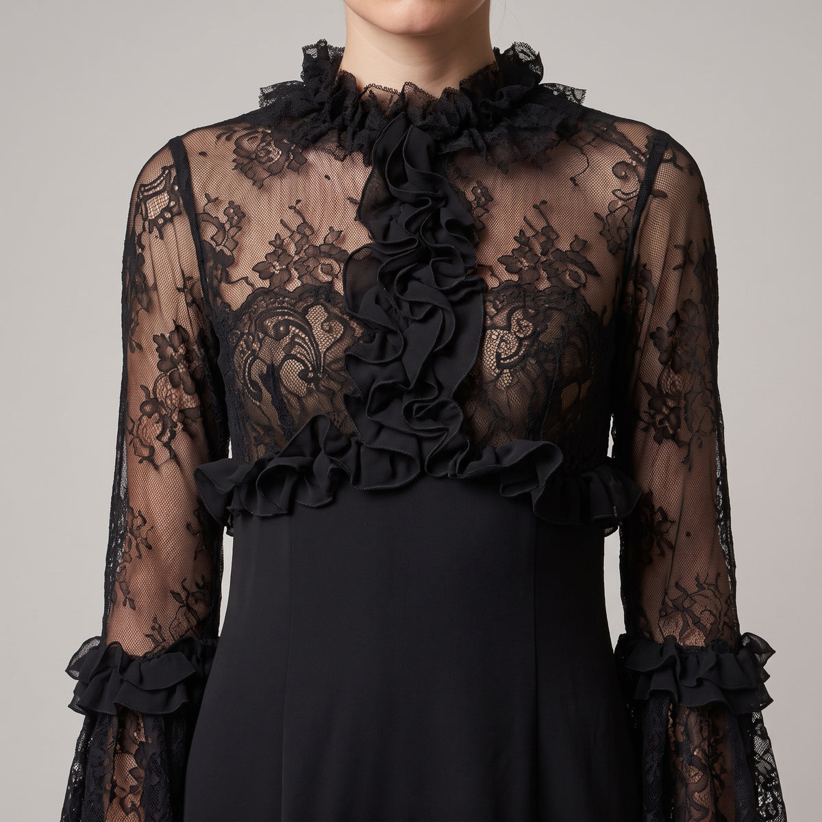 Black Ruffled Lace Midi Dress