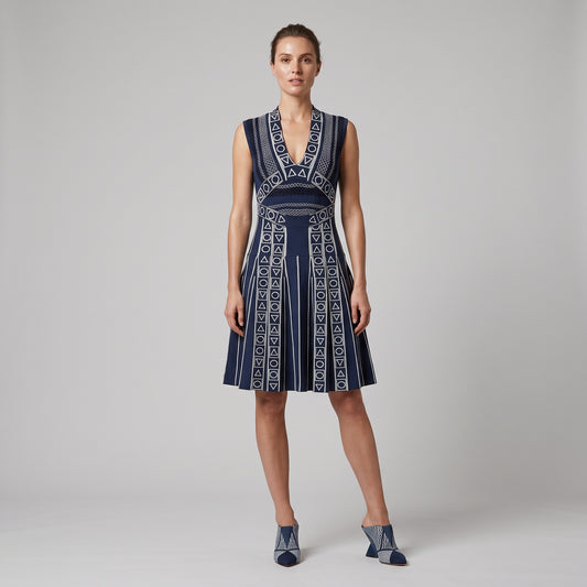 Geometric Embroidered Navy Knit Dress