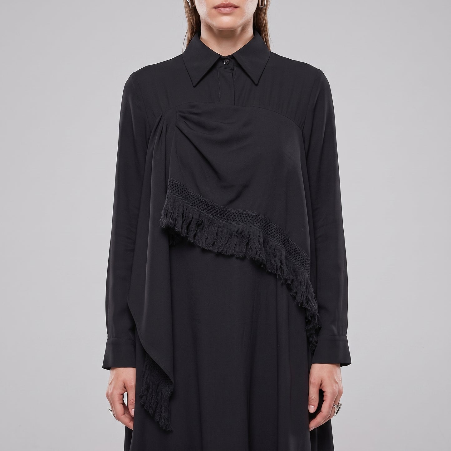 Fringed Asymmetric Black Dress