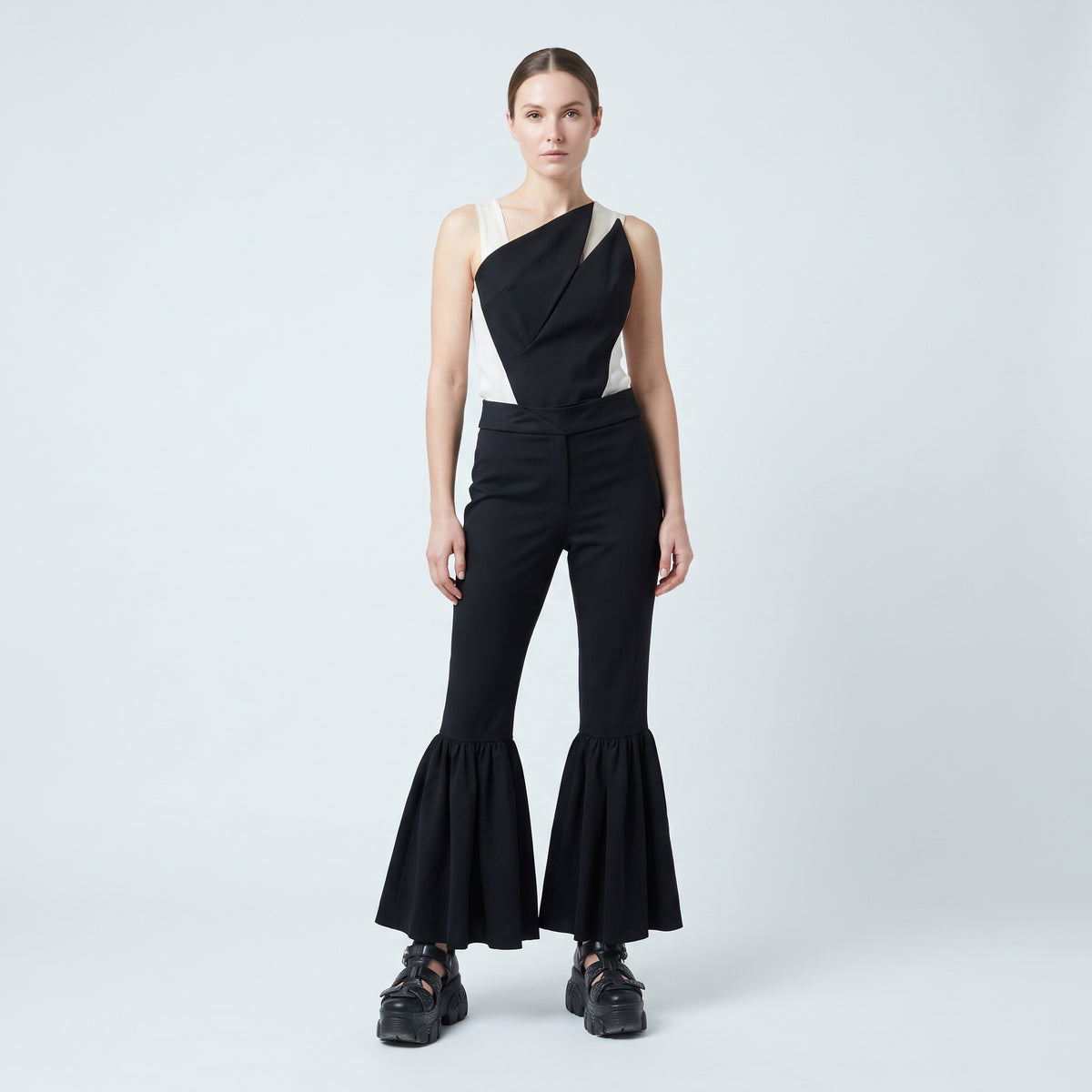 Black Ruffled Hem Tailored Trousers