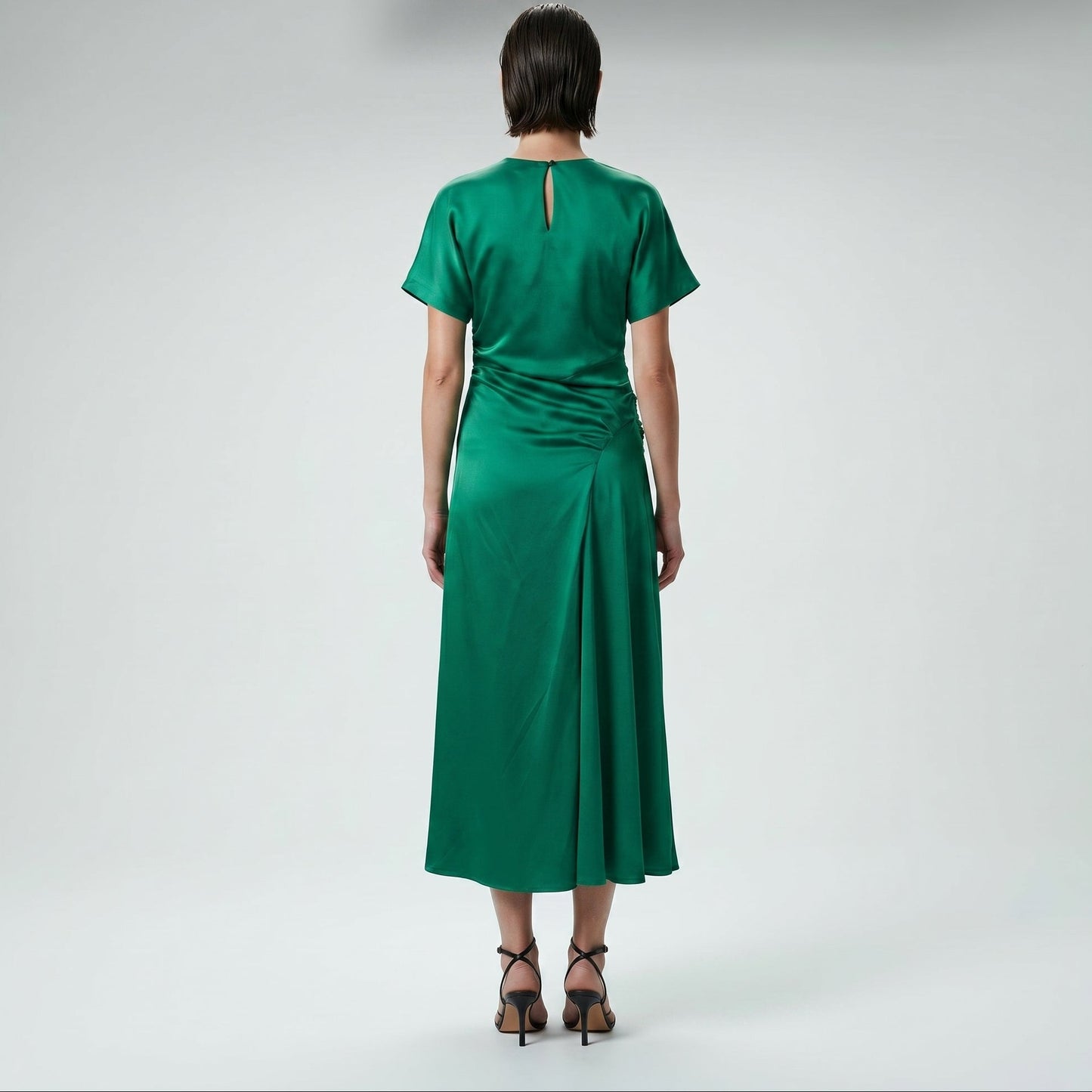 Emerald Ruched Satin Midi Dress