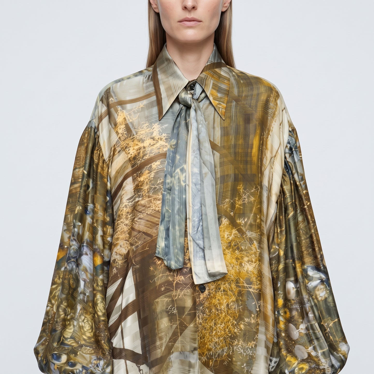 Abstract Print Silk Tie Blouse