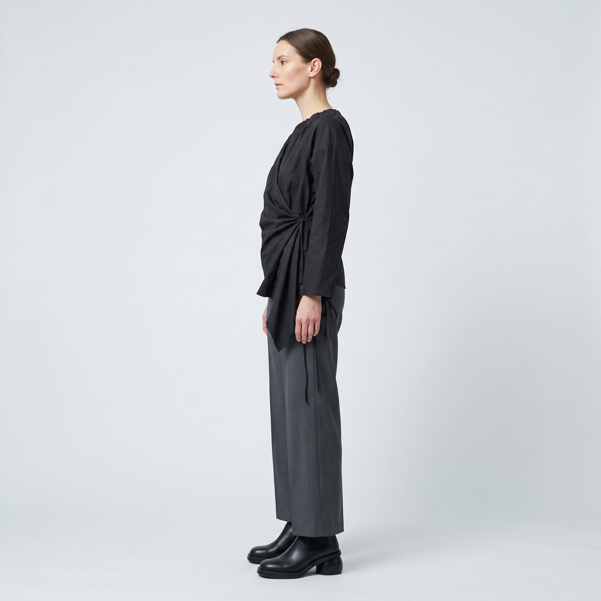 Gathered Black Asymmetric Cotton Blouse
