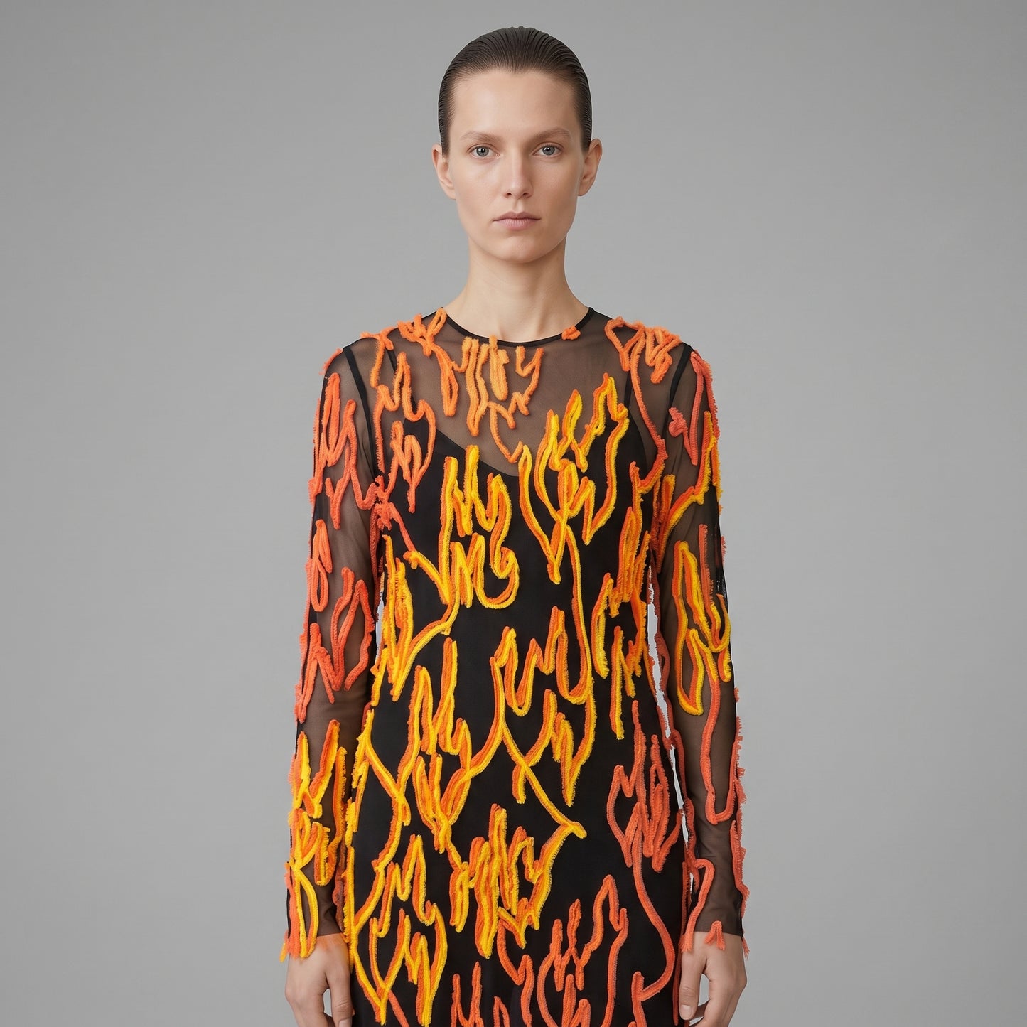 Flame Print Mesh Midi Dress