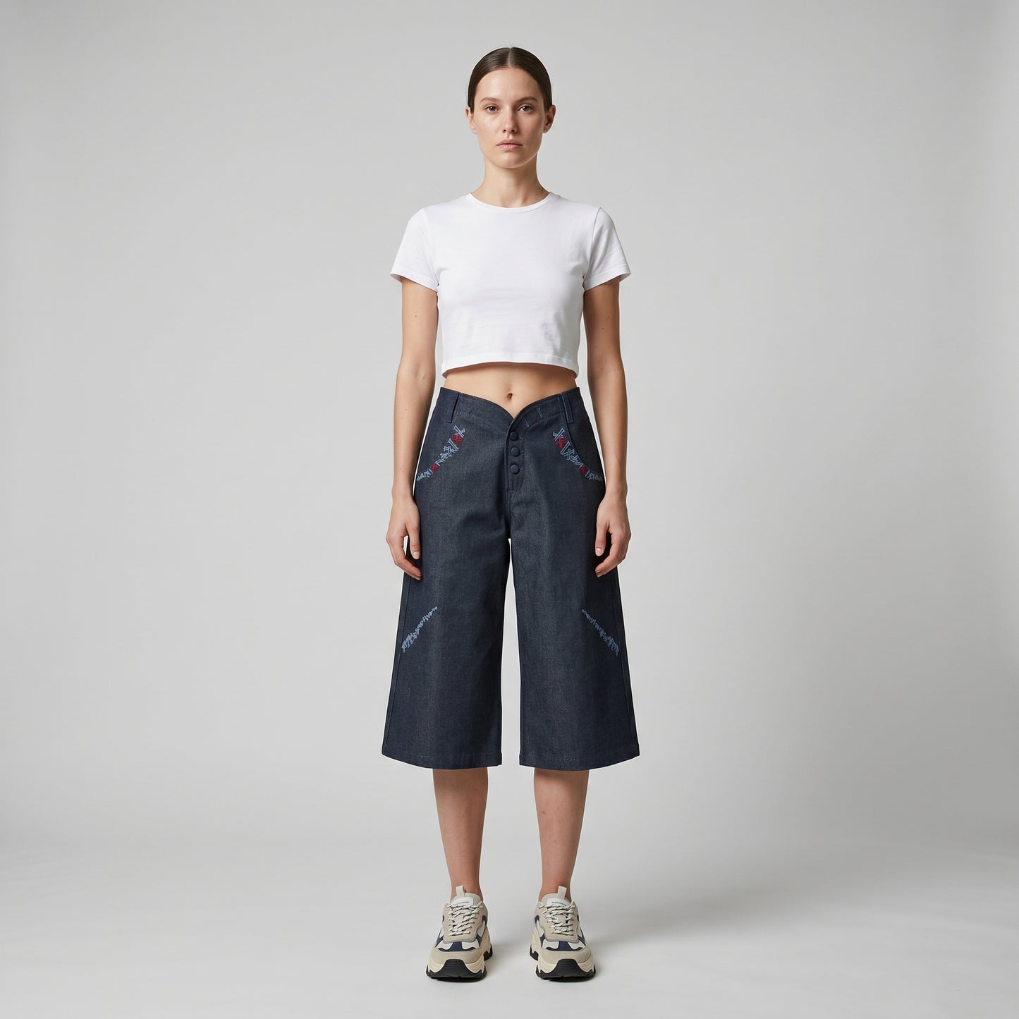 Embroidered Wide Leg Denim Culottes
