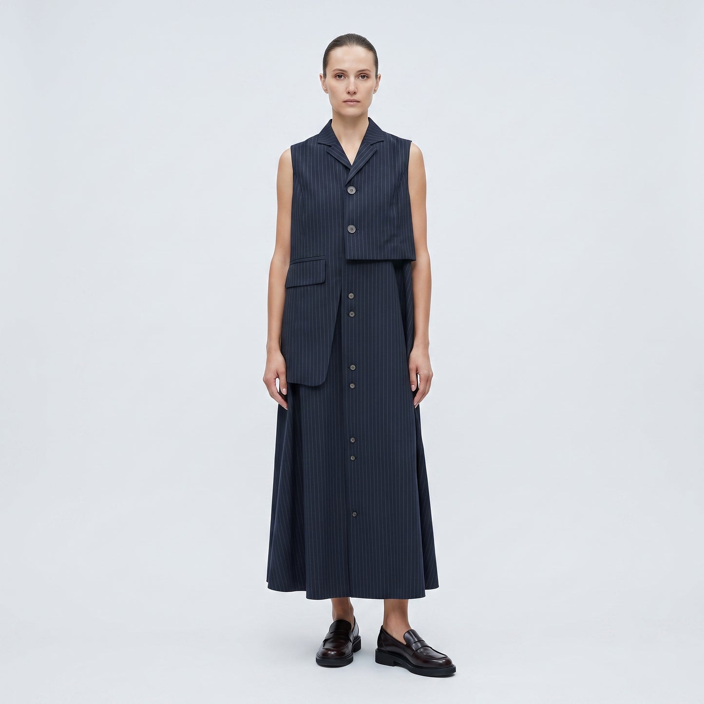 Tailored Pinstripe Layered Vest Dress