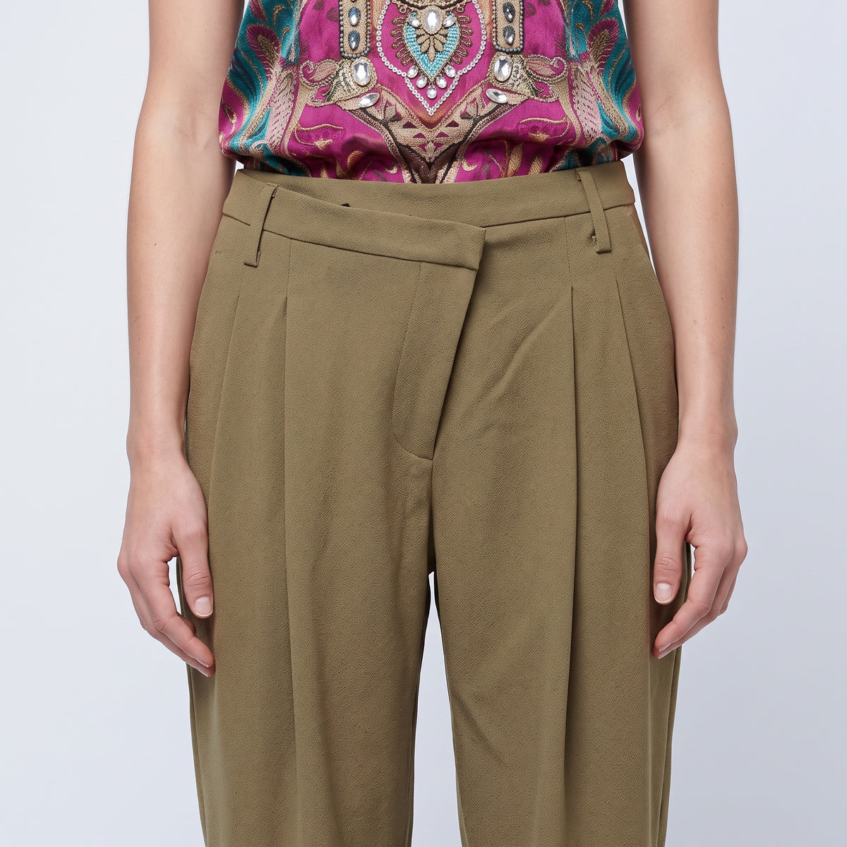 Olive Pleated Tailored Trousers