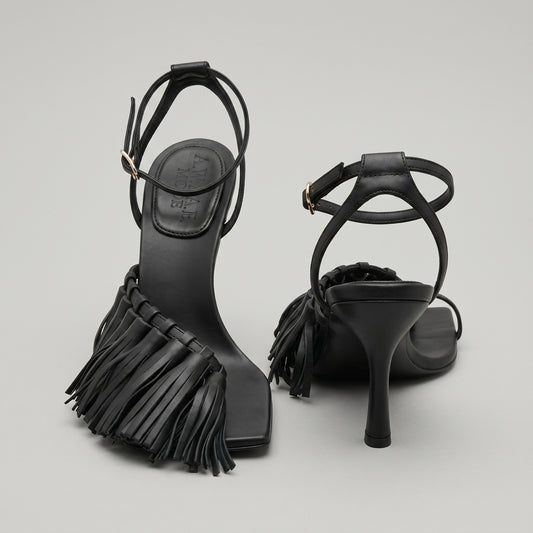 Fringed Leather Ankle Strap Heels