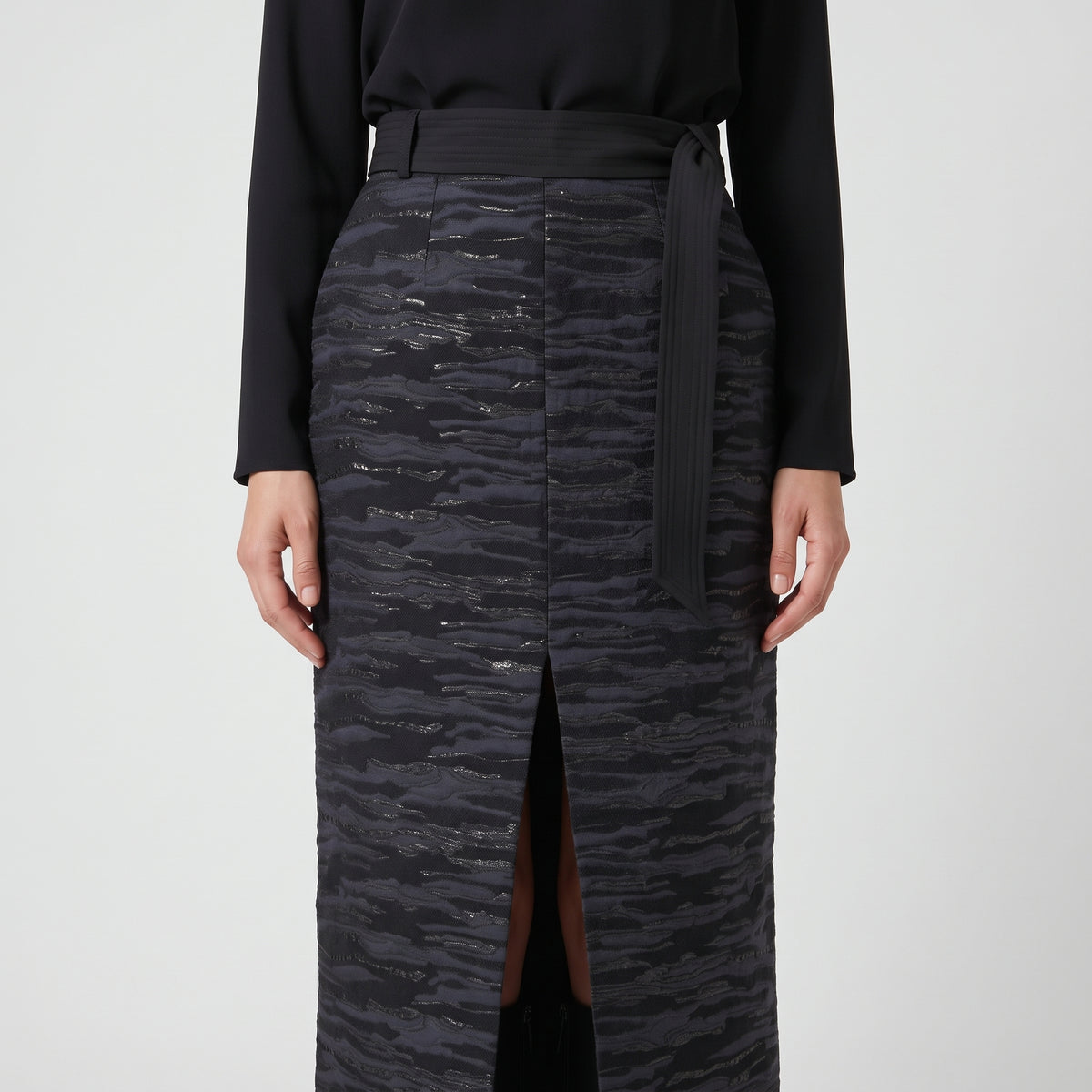 Bow-Detailed Midnight Jacquard Skirt