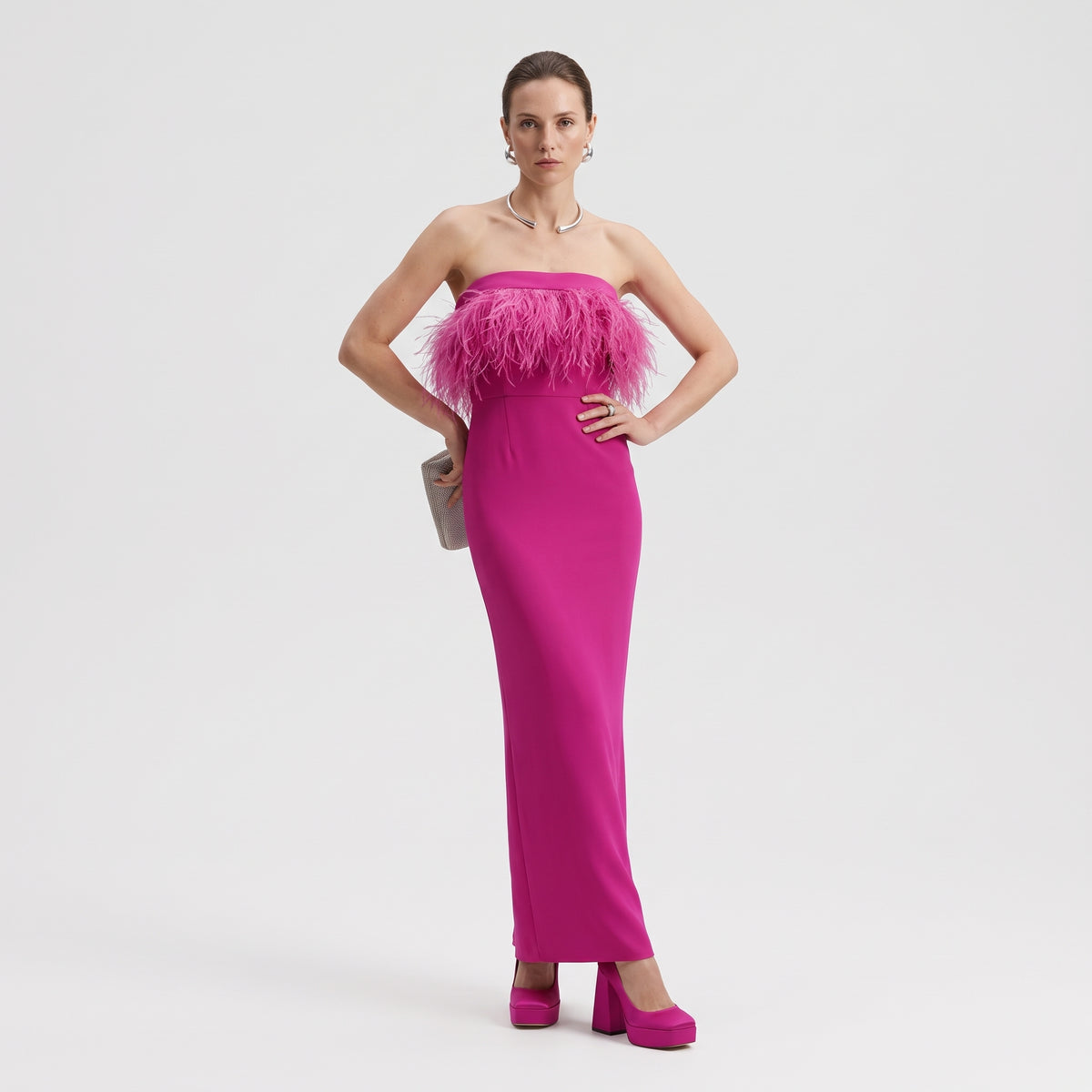 Feather Trimmed Strapless Gown