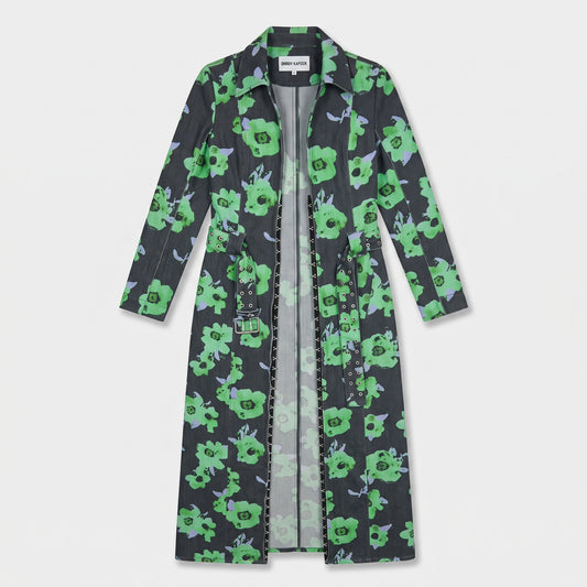 Floral Print Belted Denim Coat
