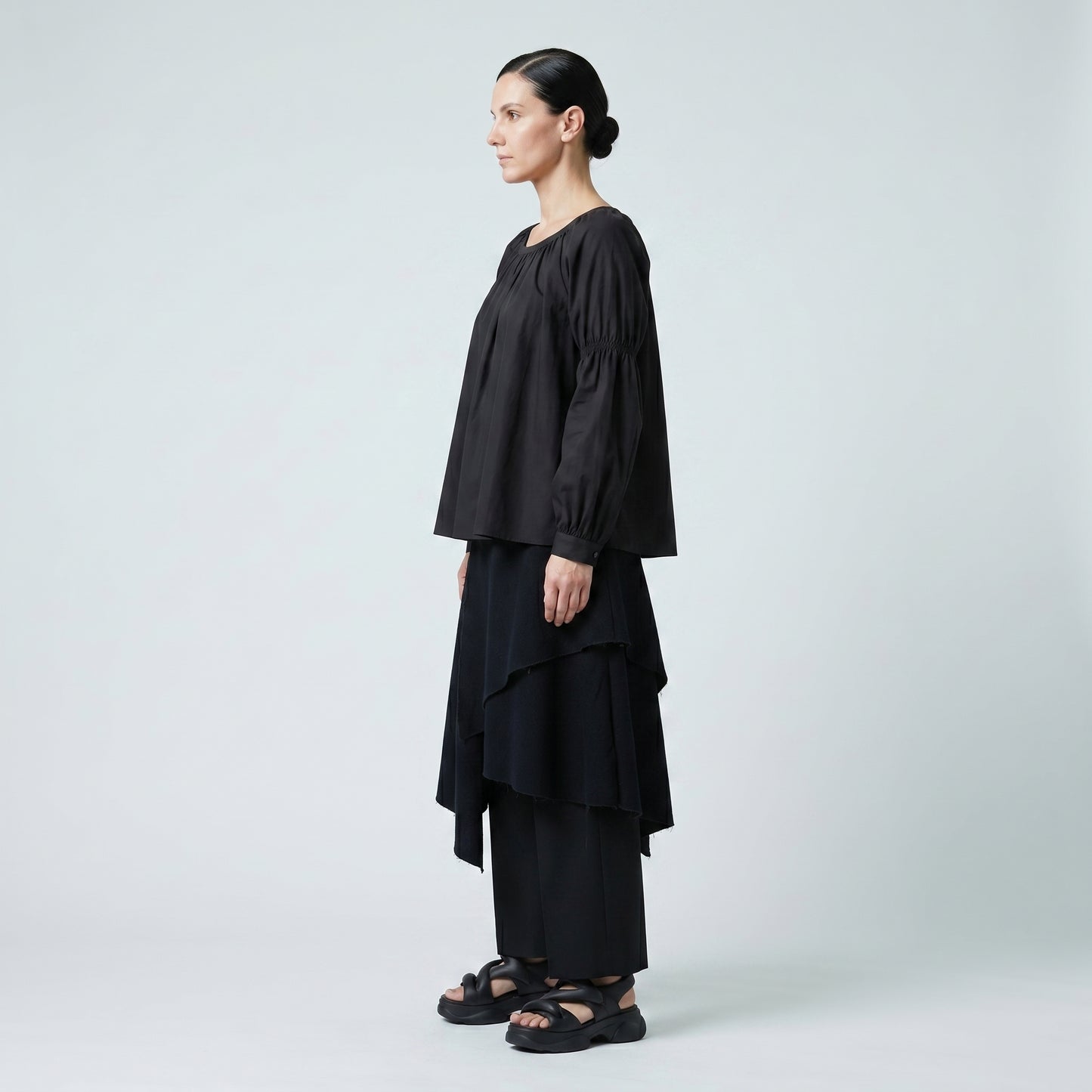 Black Gathered Balloon Sleeve Blouse