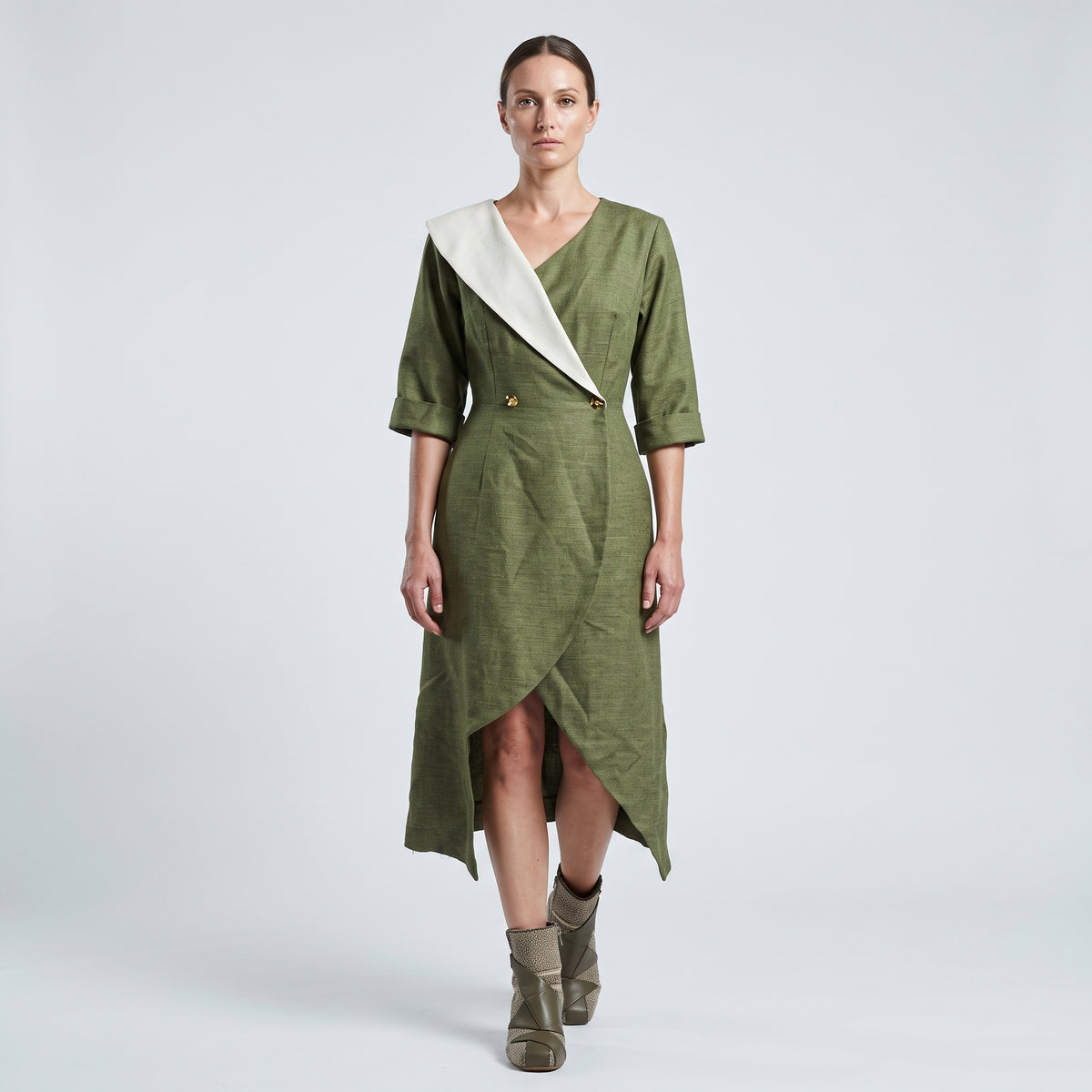 Tailored Olive Wrap Midi Dress