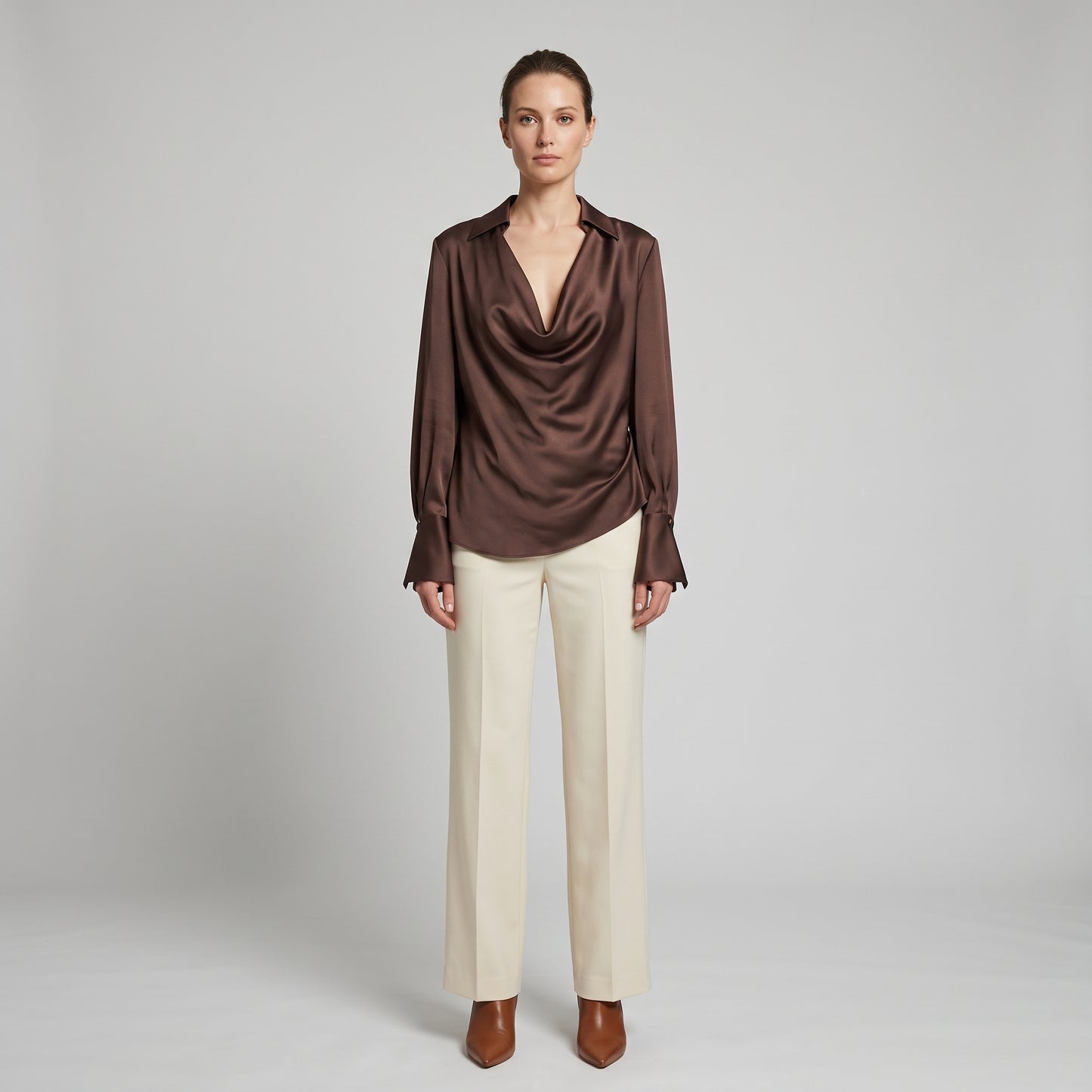 Satin Cowl Neck Long-Sleeve Blouse
