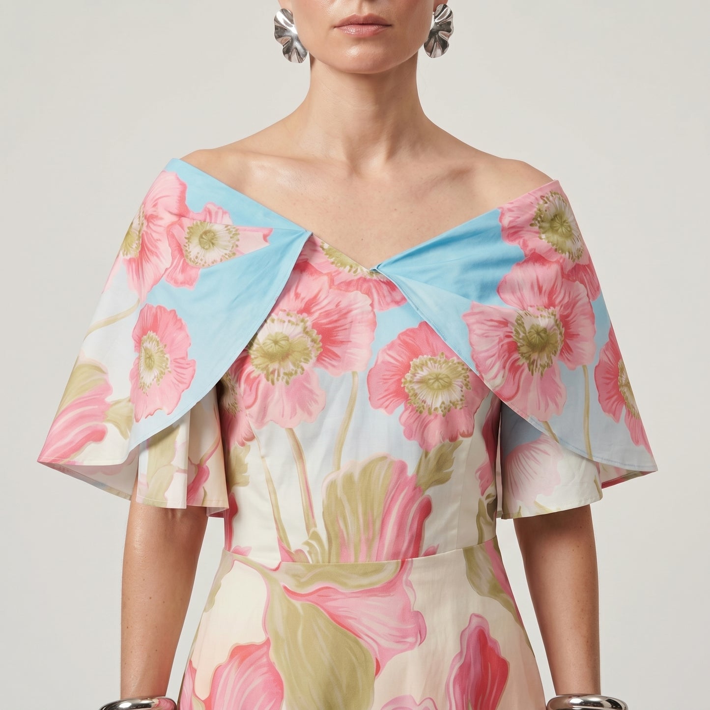 Floral Cape Effect Flare Dress