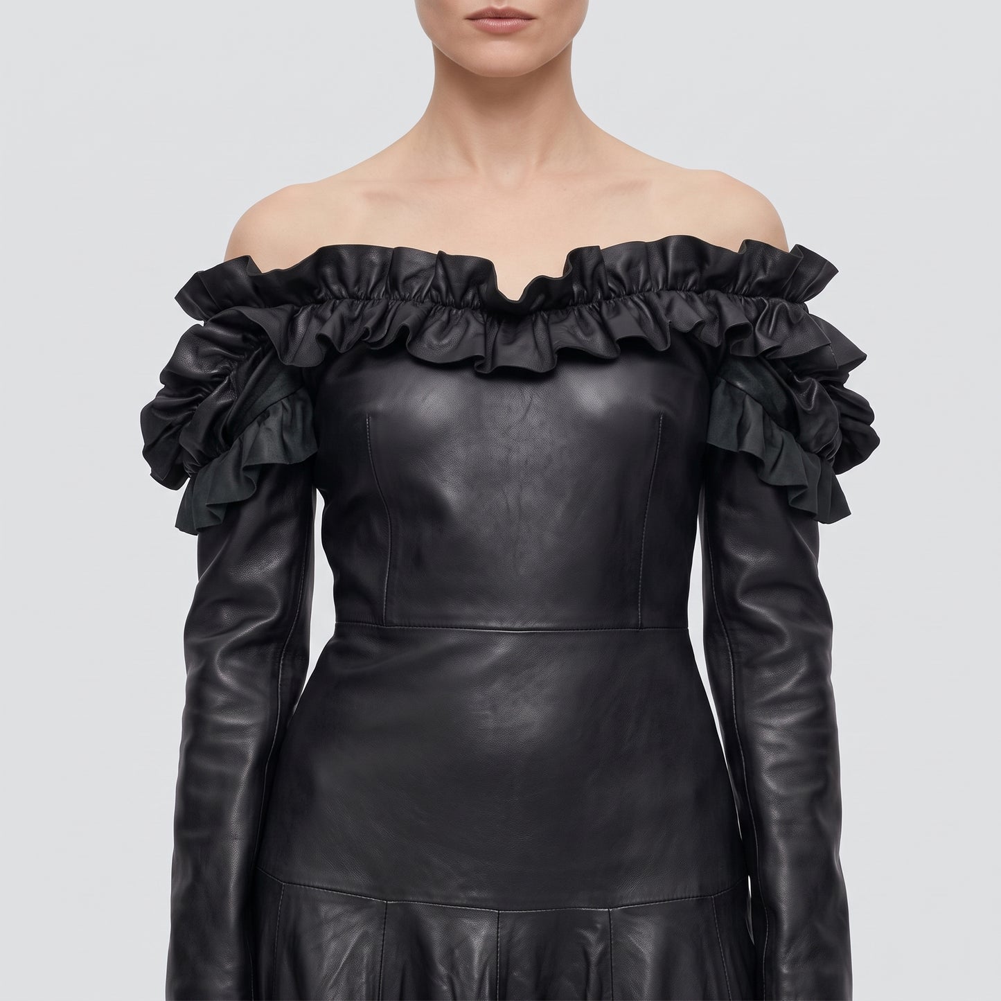Ruffled Off-Shoulder Leather Dress