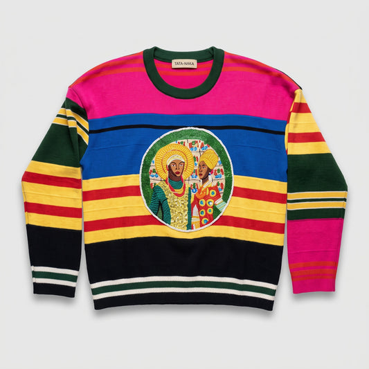Striped Intarsia Graphic Knit Sweater