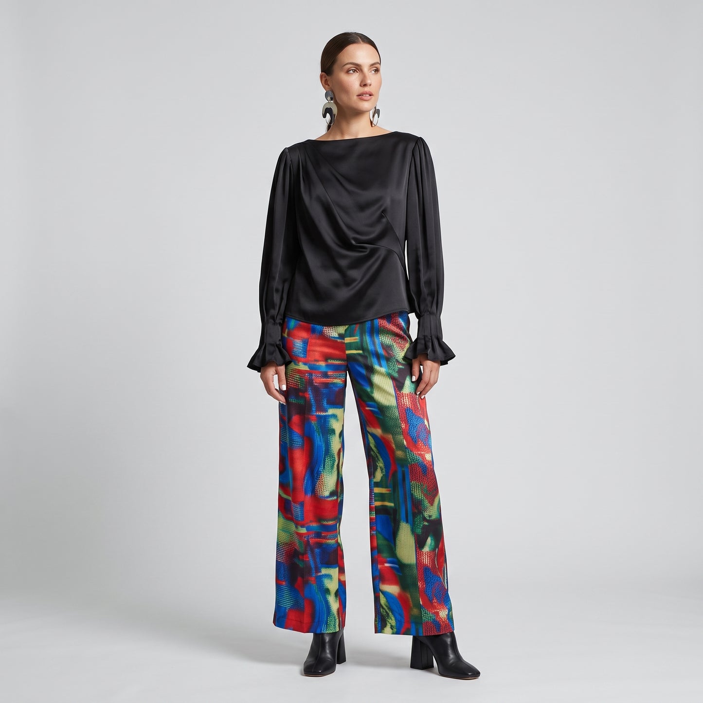 Draped Black Satin Blouse
