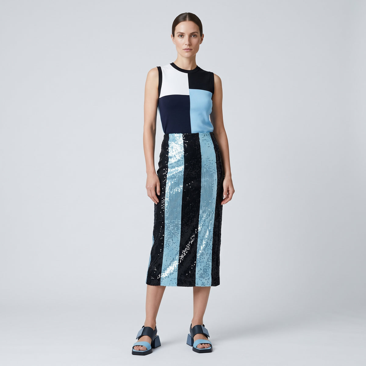 Striped Sequin Midi Pencil Skirt