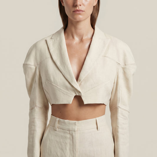 Cropped Structured Linen Tailored Jacket