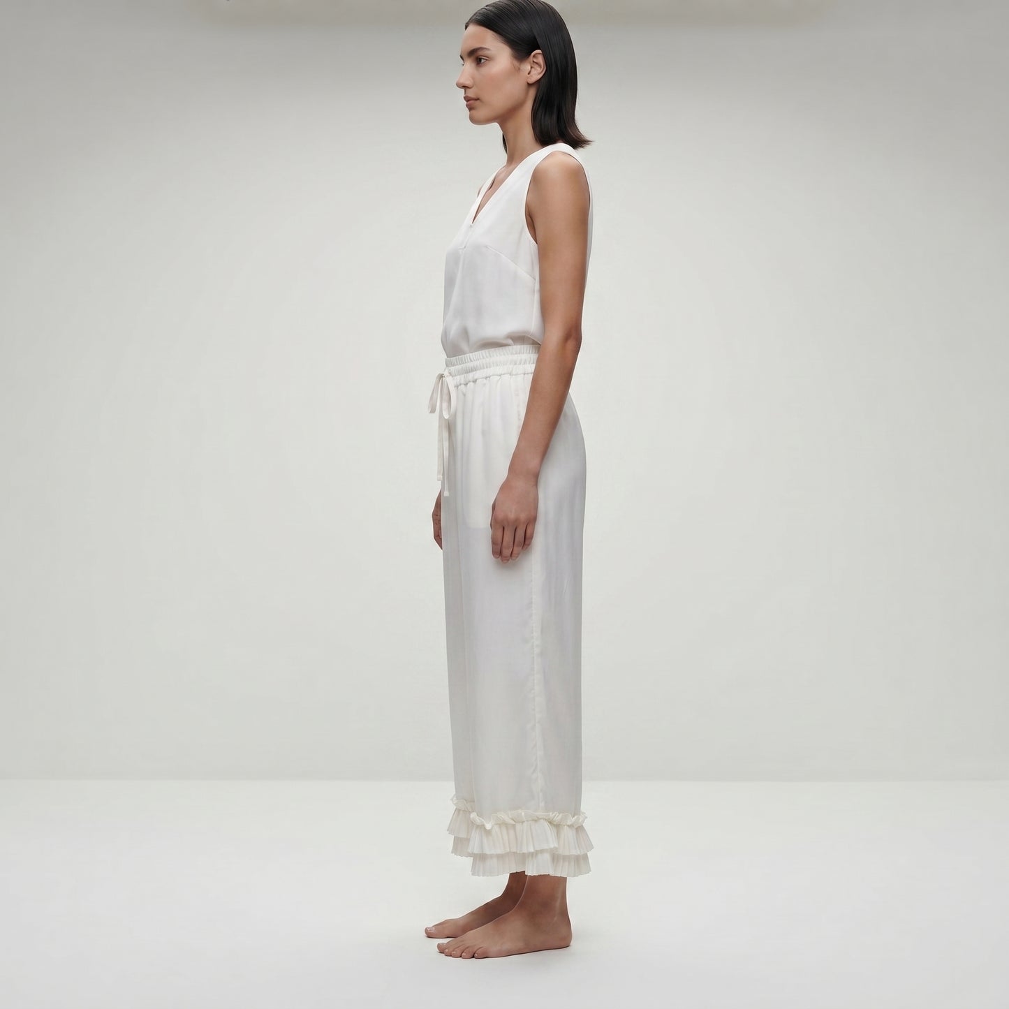 Ruffled Hem Wide-Leg Trousers