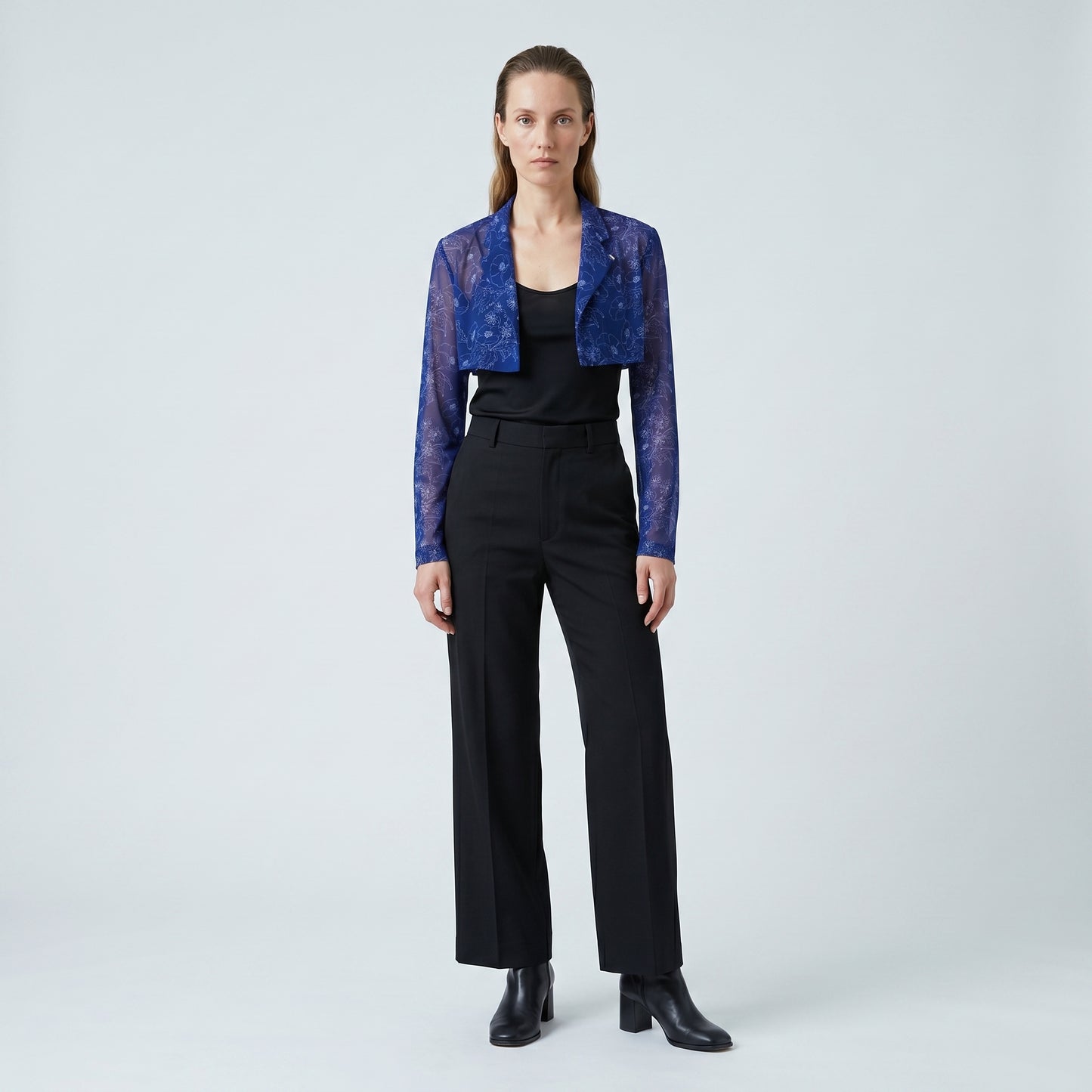 Cropped Blue Floral Mesh Jacket