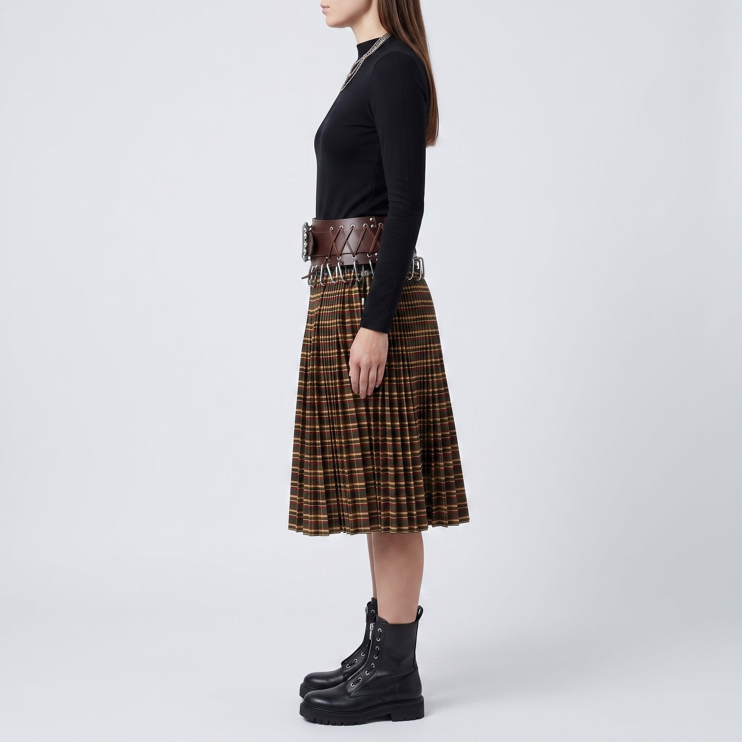 Paneled Tartan Pleated Midi Skirt