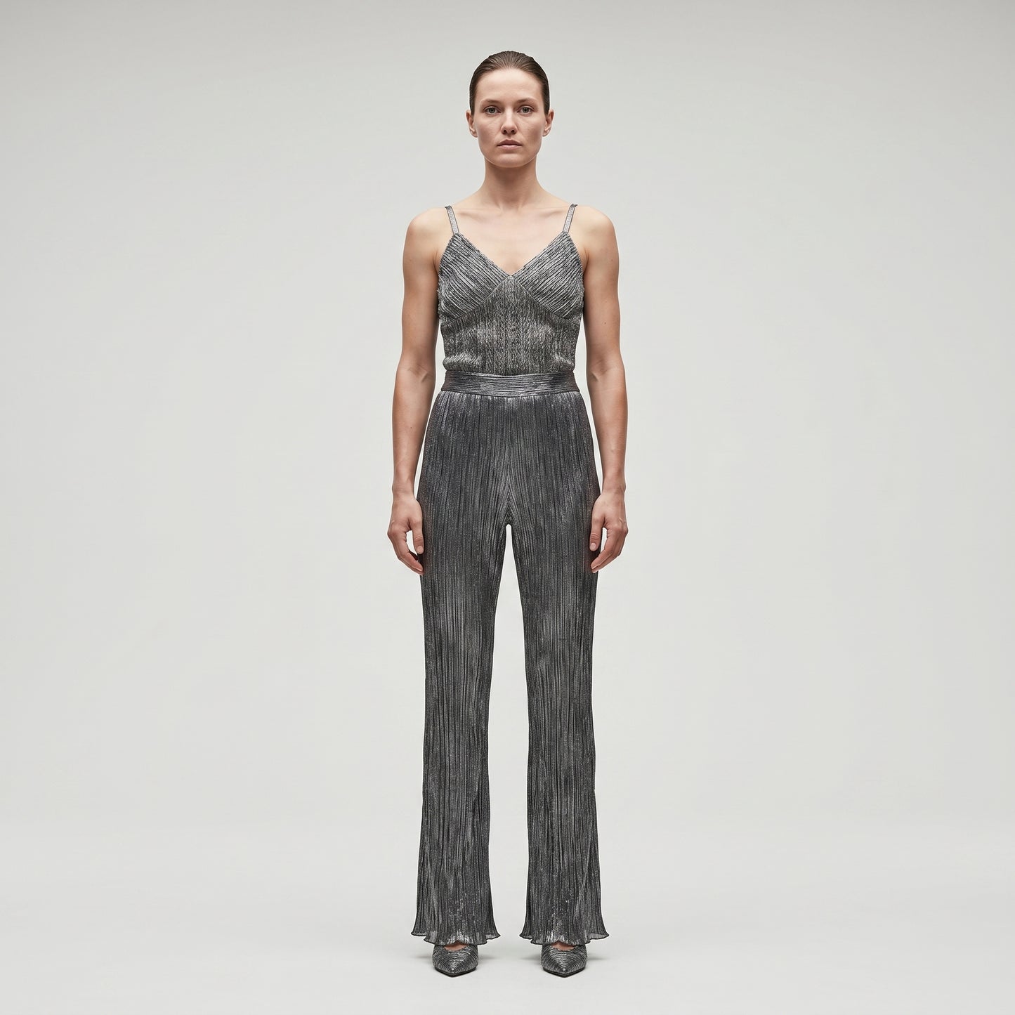 Metallic Pleated Flared Trousers