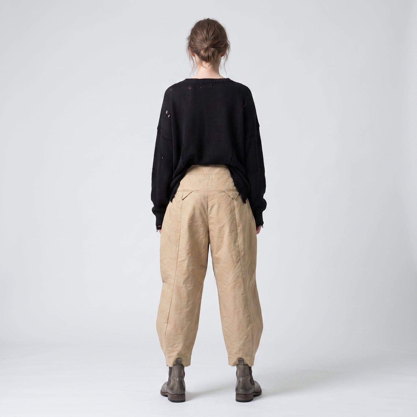 Pleated High-Waisted Beige Trousers