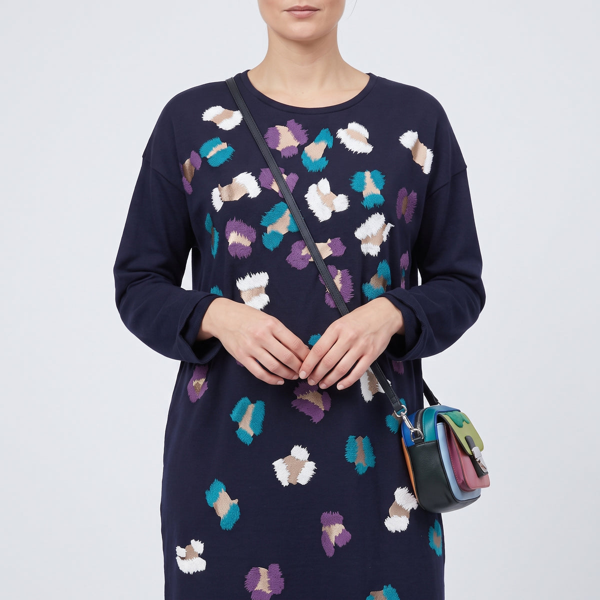 Abstract Embroidered Navy Sweatshirt Dress