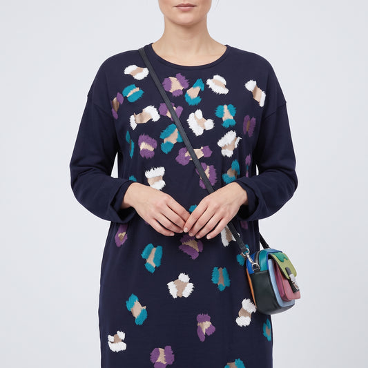 Abstract Embroidered Navy Sweatshirt Dress