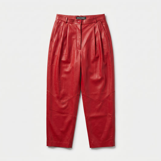 Vibrant Red Leather Tailored Trousers