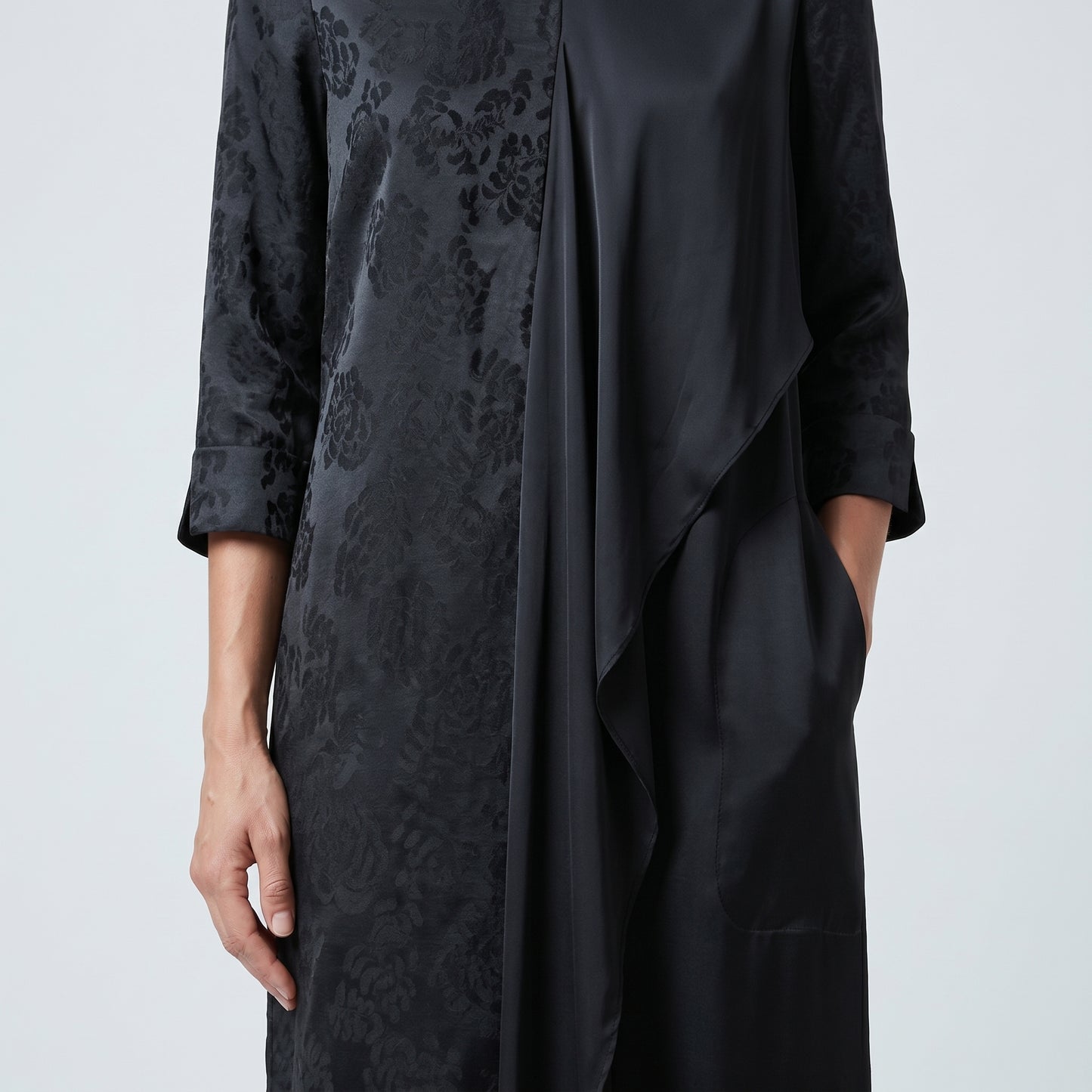 Asymmetric Paneled Black Midi Dress