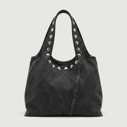 Studded Denim Shoulder Bag