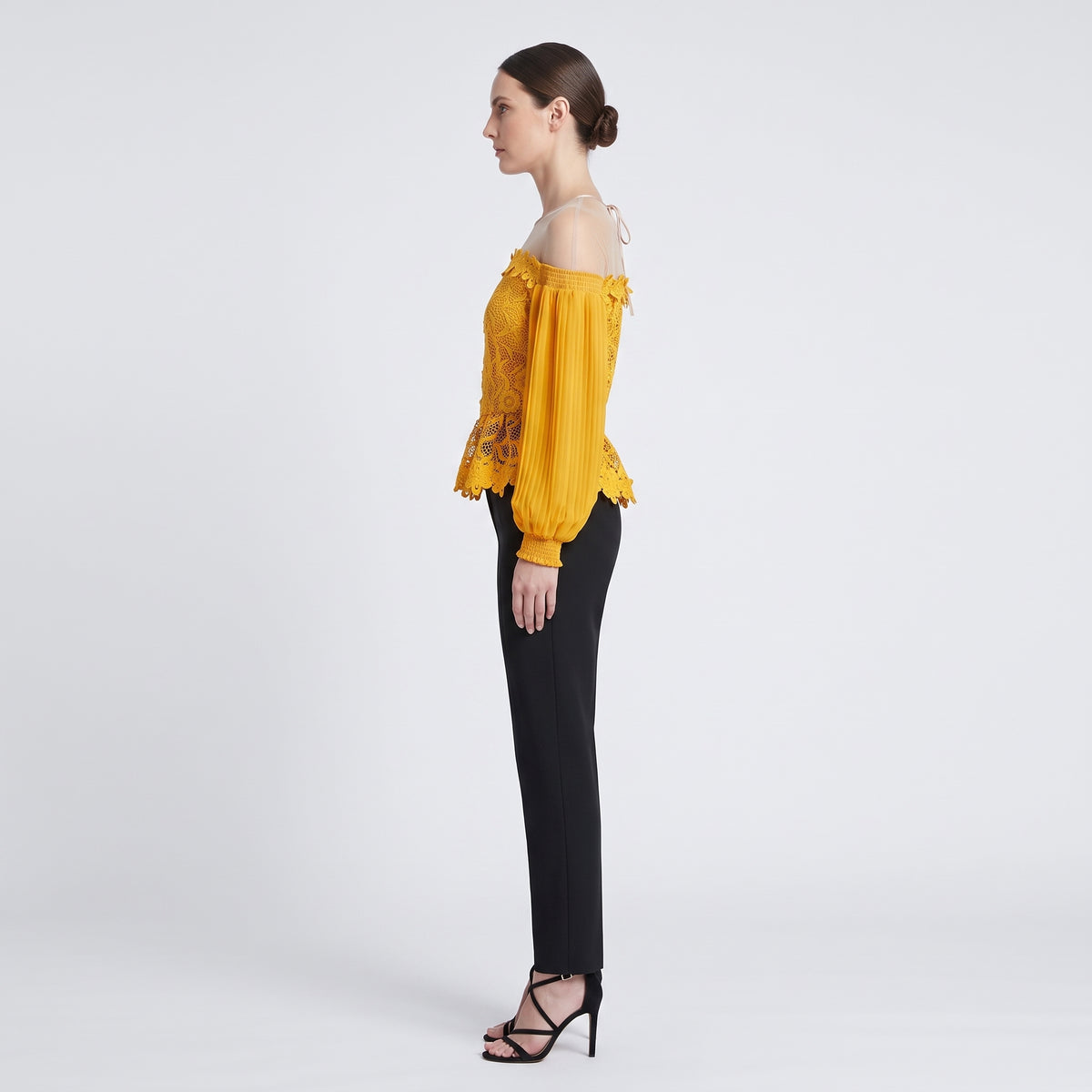 Floral Lace Pleated Sleeve Blouse