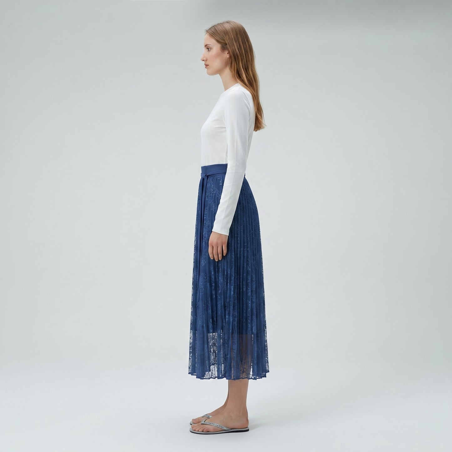 Navy Lace Pleated Midi Skirt