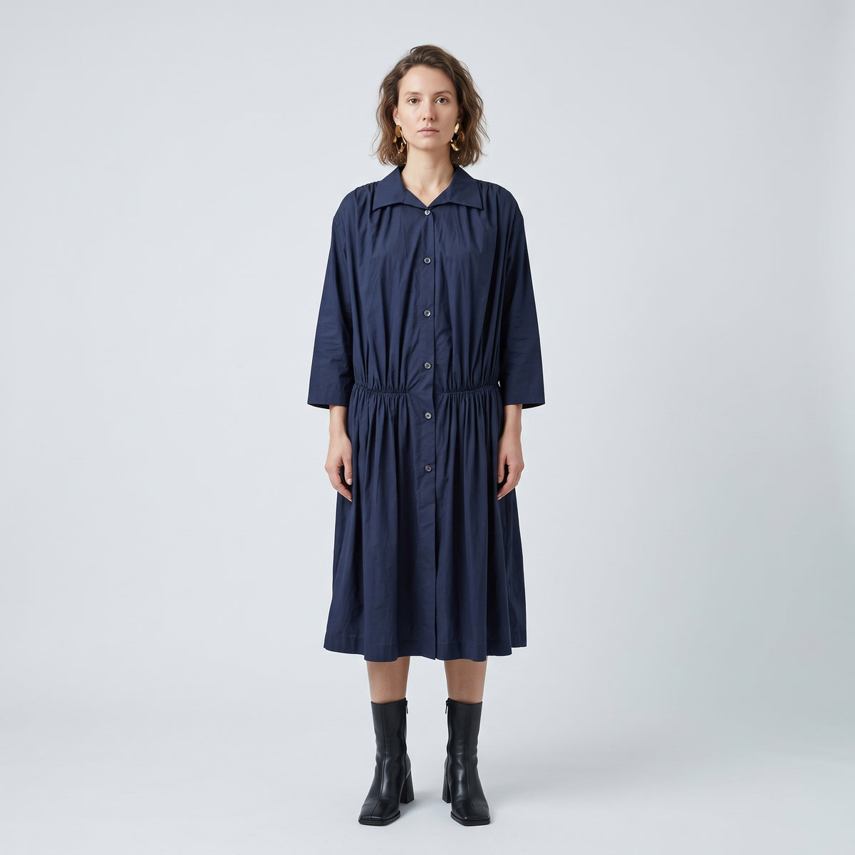 Gathered Waist Button Down Dress