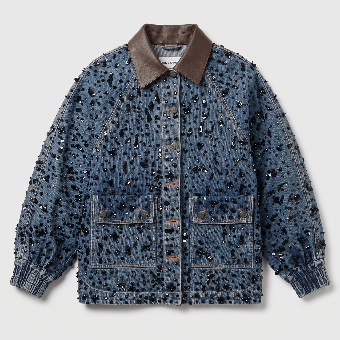 Embellished Denim Leather Collar Jacket