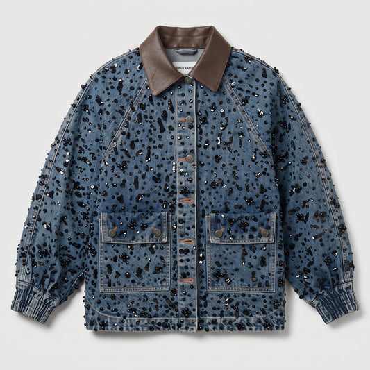 Embellished Denim Leather Collar Jacket