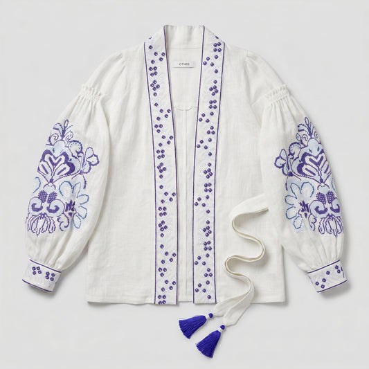 Embroidered Linen Wrap Top