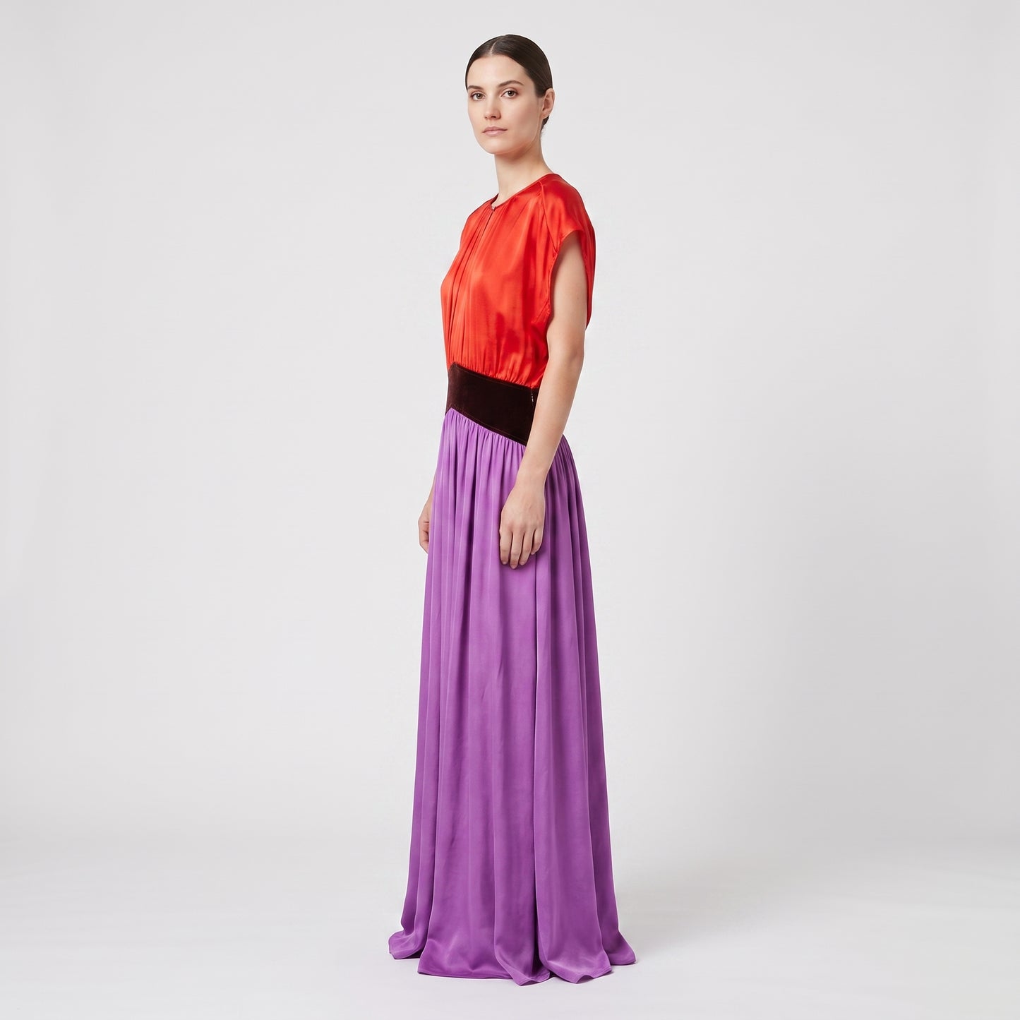 Colorblocked Pleated Satin Dress