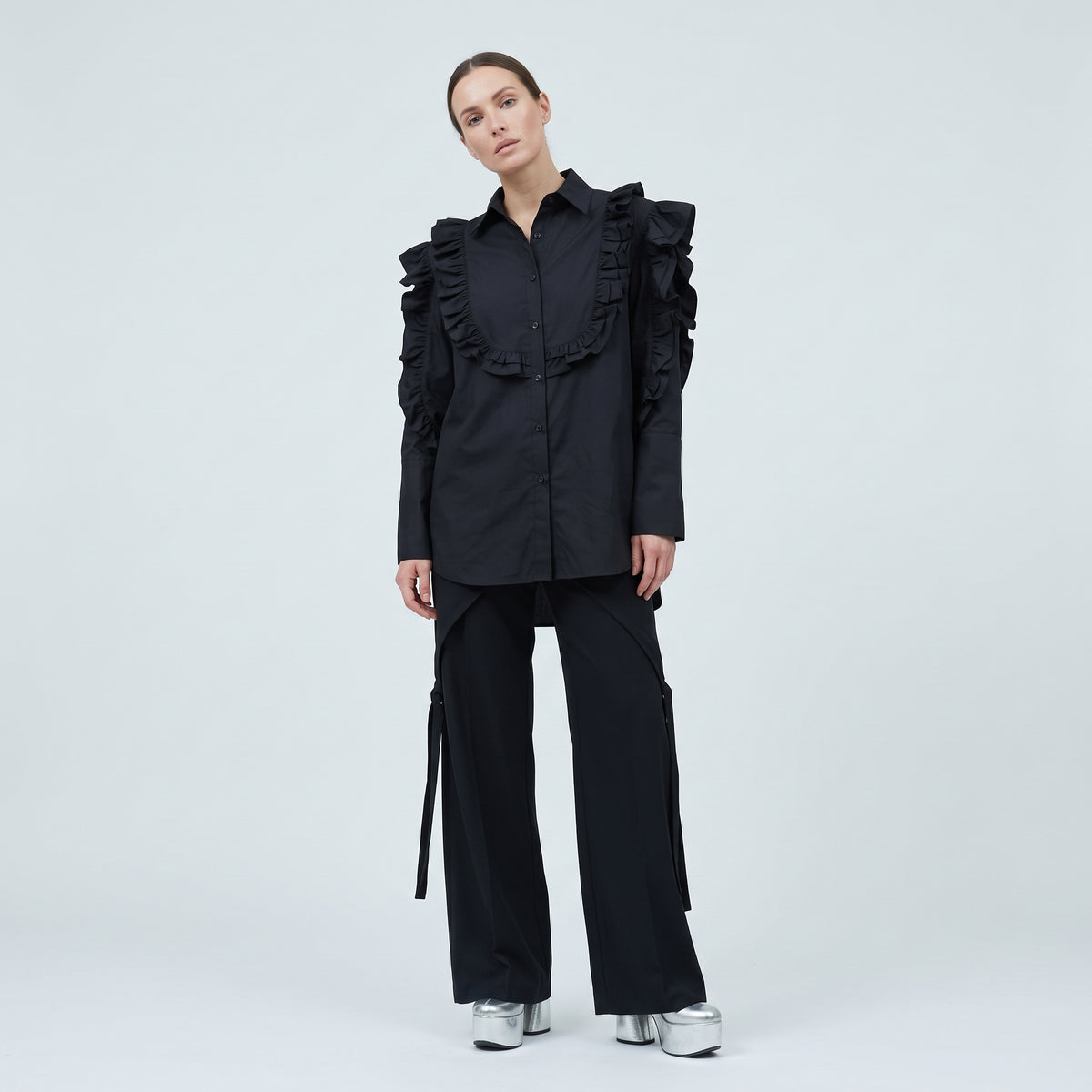 Black Ruffled Statement Cotton Shirt