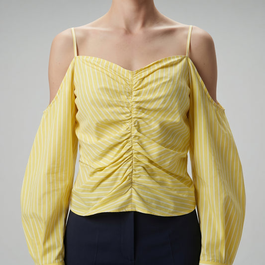 Ruched Striped Cold-Shoulder Top