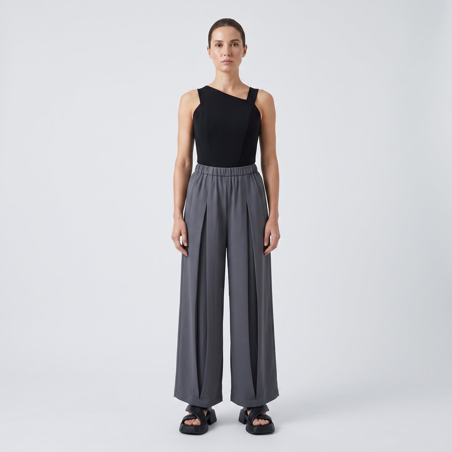 Pleated Wide Leg Charcoal Trousers