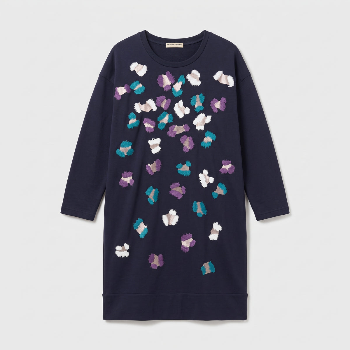 Abstract Embroidered Navy Sweatshirt Dress