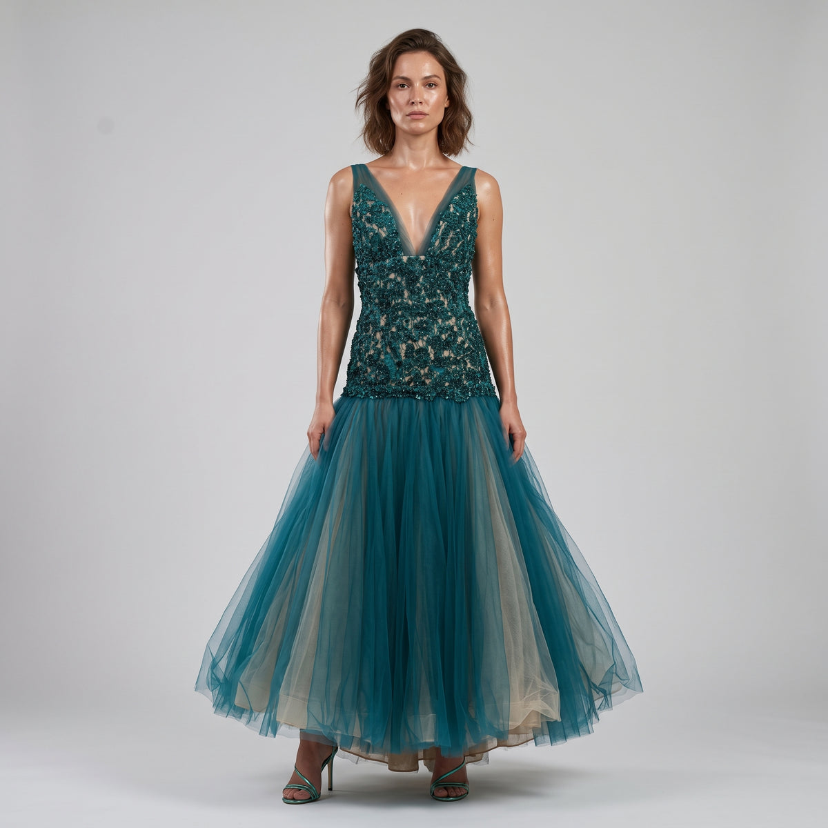 Embellished V-Neck Tulle Dress