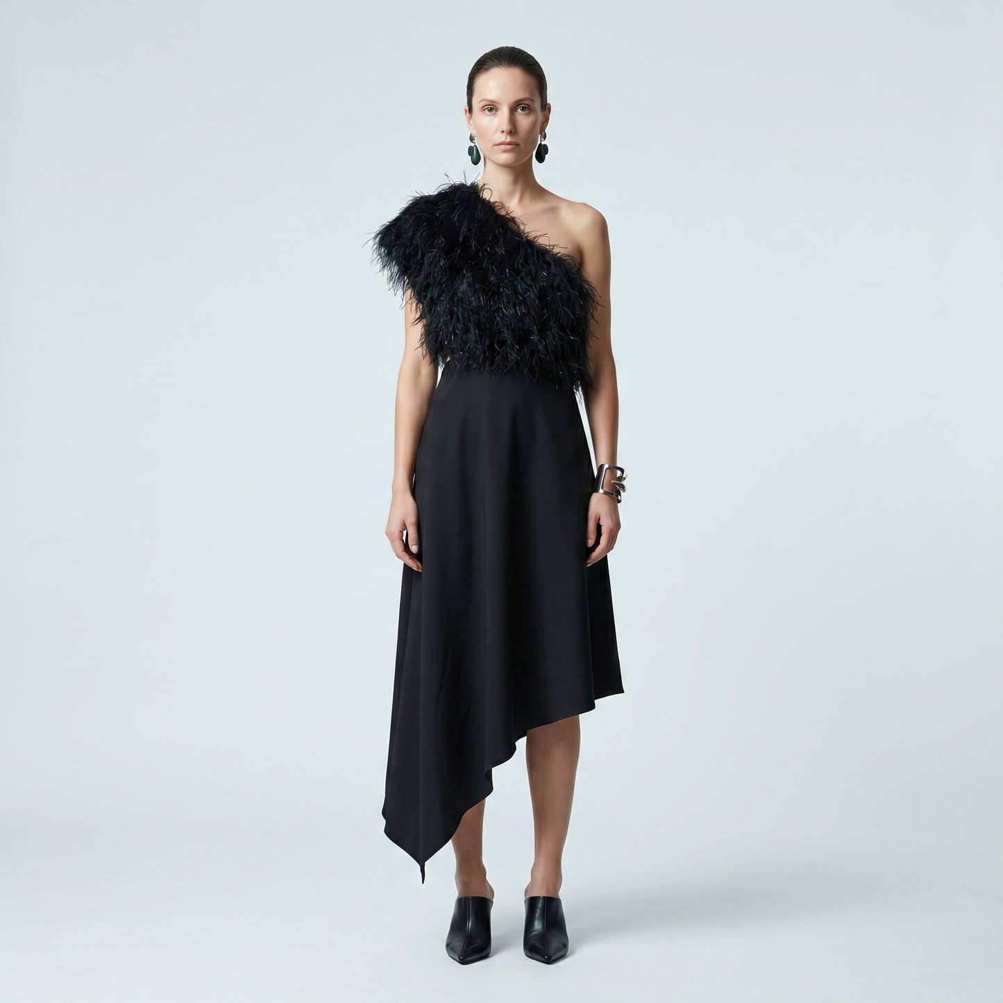 Asymmetric Feather One-Shoulder Dress