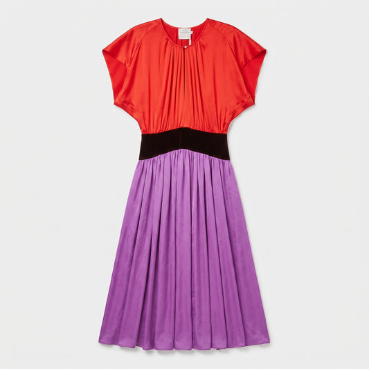 Colorblocked Pleated Satin Dress