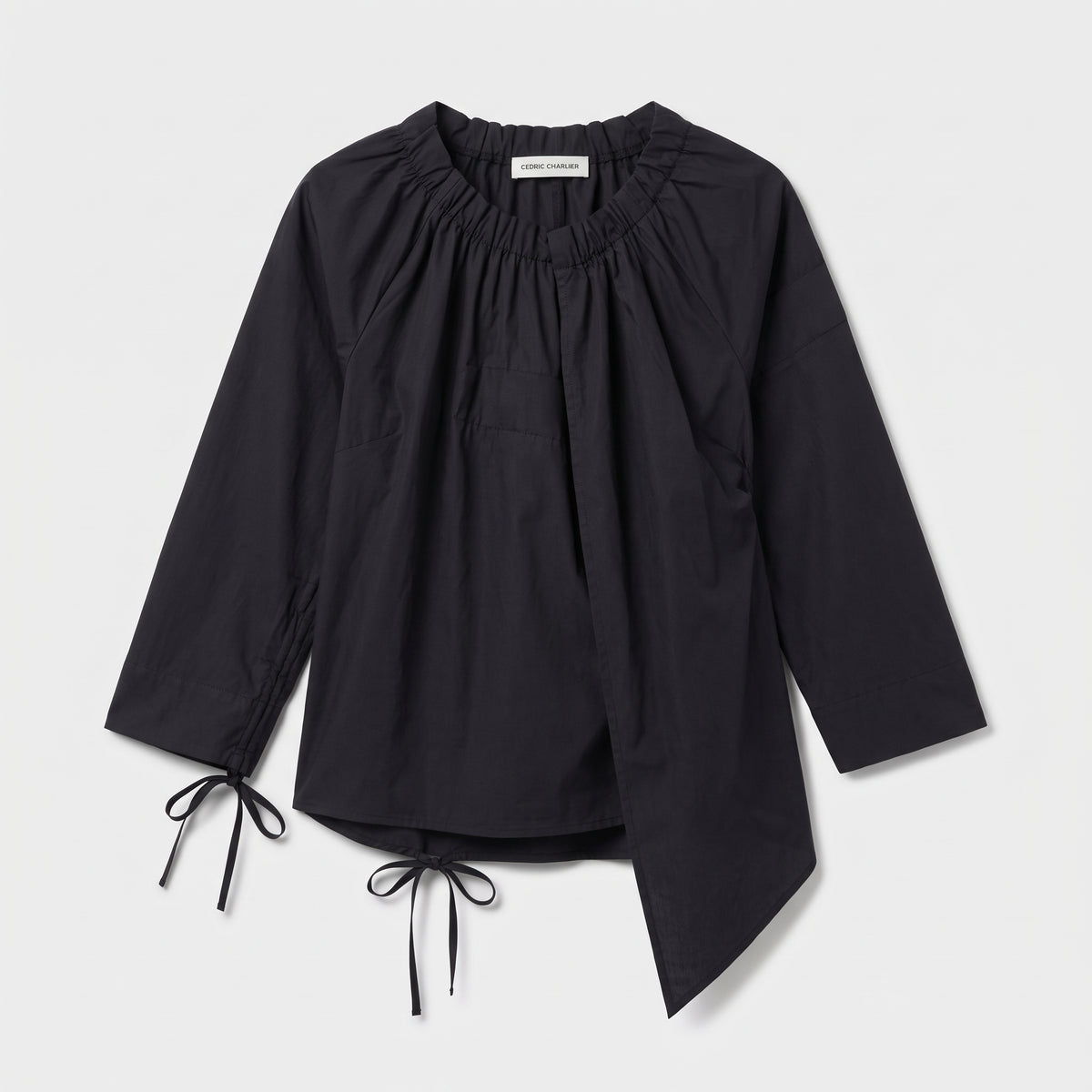 Gathered Black Asymmetric Cotton Blouse