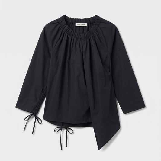Gathered Black Asymmetric Cotton Blouse